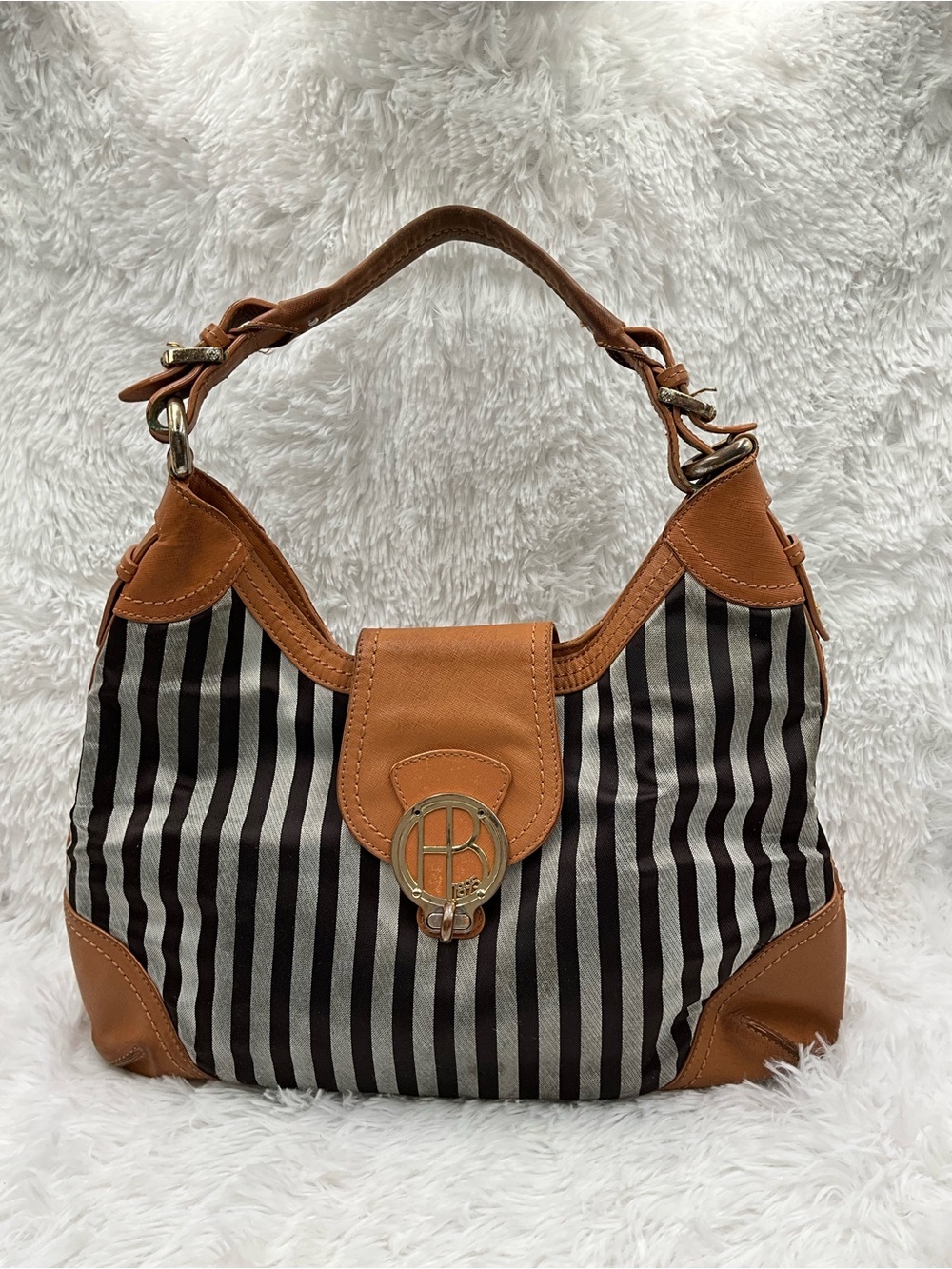 Henry Bendel Hobo Striped Canvas Shoulder Bag Black & Gray with Tan Leather Trim